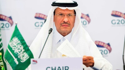 Prince Abdulaziz bin Salman Al-Saud, Minister of Energy of Saudi Arabia, chairs a virtual summit of the Group of 20 energy ministers at his office in Riyadh, April 10, 2020.