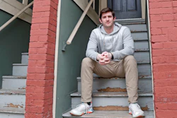 Cameron Karosis outside his home in Cambridge, Mass., April 14, 2020.