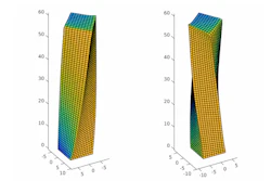 Simulated LCE micropost with the nematic director oriented at 45 degrees relative to the flat surface.