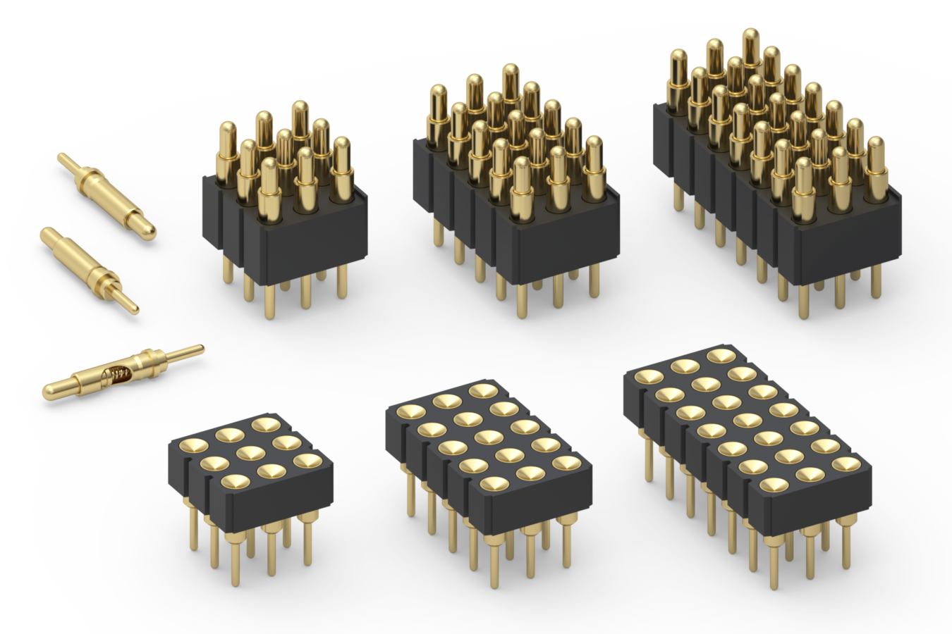 Through-hole mount spring-loaded pins (804 Series) and mating target connectors (805 Series) from Mill-Max add a third row.