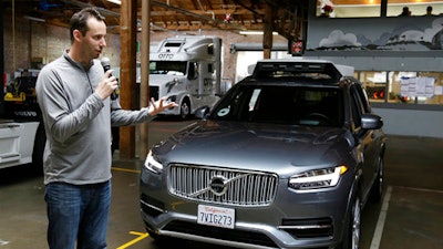 In this Dec. 13, 2016, file photo, Anthony Levandowski, head of Uber's self-driving program, speaks about their driverless car in San Francisco.