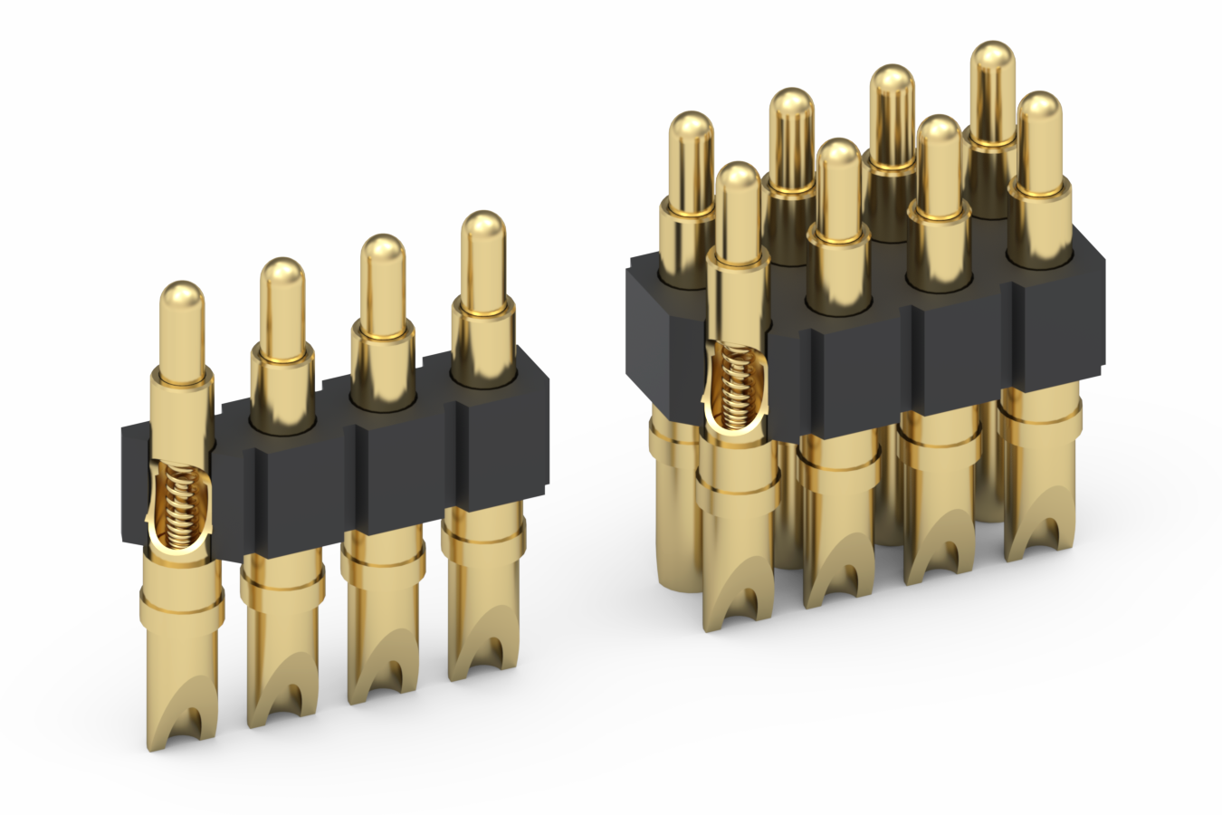 The single row 824-22-0XX-00-005000 and double row 826-22-0XX-00-005000 spring loaded connectors from Mill-Max.