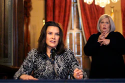 In this April 13, 2020 file photo, provided by the Michigan Office of the Governor, Michigan Gov. Gretchen Whitmer addresses the state during a speech in Lansing, Mich.