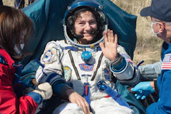 U.S. astronaut Jessica Meir waves after the landing of the Russian Soyuz MS-15 space capsule near Dzhezkazgan, Kazakhstan, April 17, 2020.