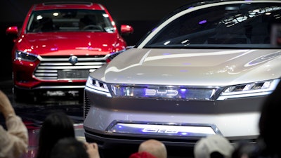 The E-SEED electric concept car shown during a press conference by BYD at the China Auto Show in Beijing, April 25, 2018.