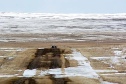 This March 11, 2020 photo provided by the Bureau of Land Management shows the proposed route of the Keystone XL oil pipeline where it crosses into the U.S. from Canada in Phillips County, Mont. A Canadian company said Monday, April 6, 2020, that it's started construction on the long-stalled Keystone XL oil sands pipeline across the U.S.-Canada border, despite calls from tribal leaders and environmentalists to delay the $8 billion project amid the coronavirus pandemic.