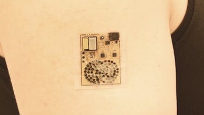 The sweat-powered biofuel cells in this electronic skin provide enough electricity to power biological sensors and transmit the information wirelessly to other devices.