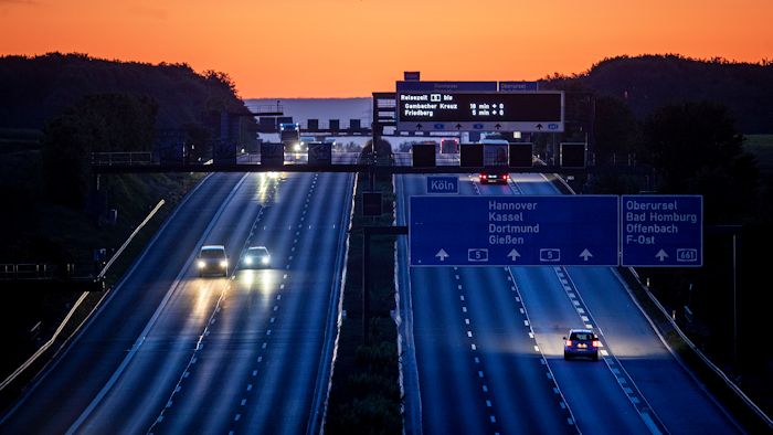 Cars and trucks on a relatively empty highway in Frankfurt, Germany, May 6, 2020.