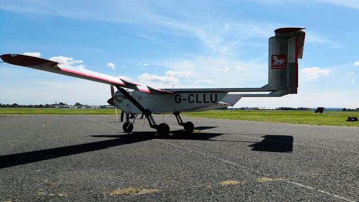 The “Wingracers ULTRA” drone parked by the runway at Solent Airport, Lee-on-the-Solent, England, May 12, 2020.