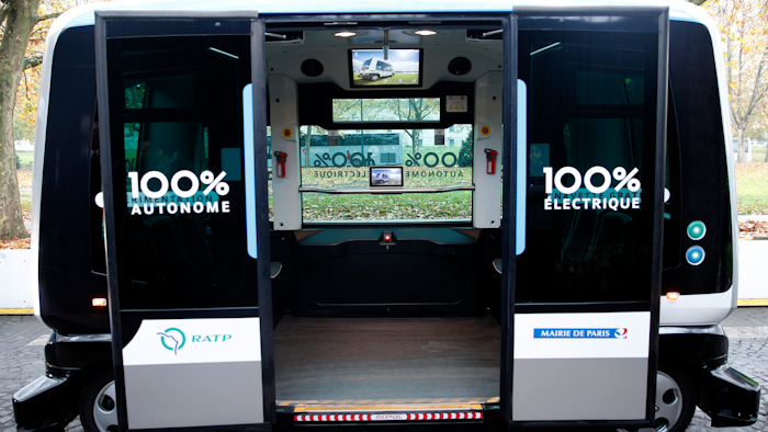 Electric driverless shuttle produced by EasyMile during an experiment in Paris, Nov. 17, 2017.