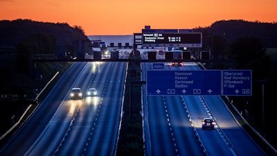 Cars and trucks on a relatively empty highway in Frankfurt, Germany, May 6, 2020.