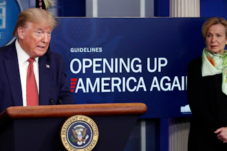 President Trump speaks in the James Brady Press Briefing Room of the White House alongside Dr. Deborah Birx, White House coronavirus response coordinator, April 16, 2020.