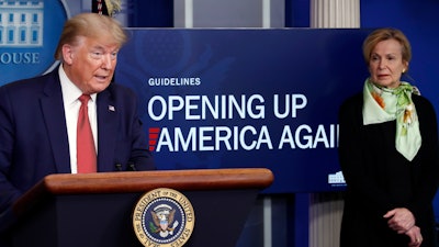 President Trump speaks in the James Brady Press Briefing Room of the White House alongside Dr. Deborah Birx, White House coronavirus response coordinator, April 16, 2020.