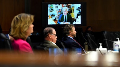 Senators listen as Dr. Anthony Fauci speaks during a virtual hearing on Capitol Hill, May 12, 2020.
