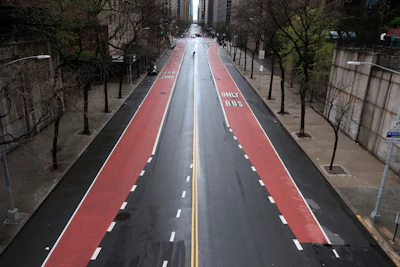 In this April 21 file photo, 42nd Street in New York has very little traffic.