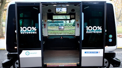 Electric driverless shuttle produced by EasyMile during an experiment in Paris, Nov. 17, 2017.