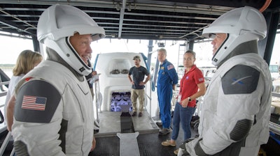 Astronauts Doug Hurley, left, and Bob Behnken rehearse extraction from SpaceX's Crew Dragon at the Trident Basin in Cape Canaveral, Fla., Aug. 13, 2019.