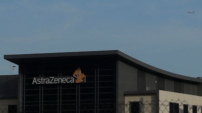 AstraZeneca logo on a building in South San Francisco, Calif., Feb. 20, 2020.