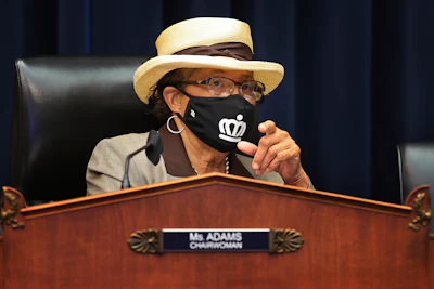 House Education and Labor Committee Workforce Protections Subcommittee Chair Rep. Alma Adams, D-N.C., wears a face mask during a House Committee on Education and Labor Subcommittee on Workforce Protections hearing examining the federal government's actions to protect workers from COVID-19 on Thursday, May 28 on Capitol Hill in Washington.