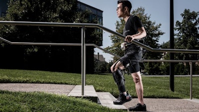 A soft robotic exosuit worn by stroke patients on the hemiparetic side of their bodies.