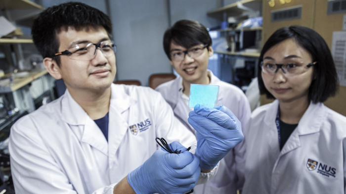 The NUS research team behind the novel electronic material: Assistant Professor Benjamin Tee, center, Wang Guanxiang, left, and Dr. Tan Yu Jun.