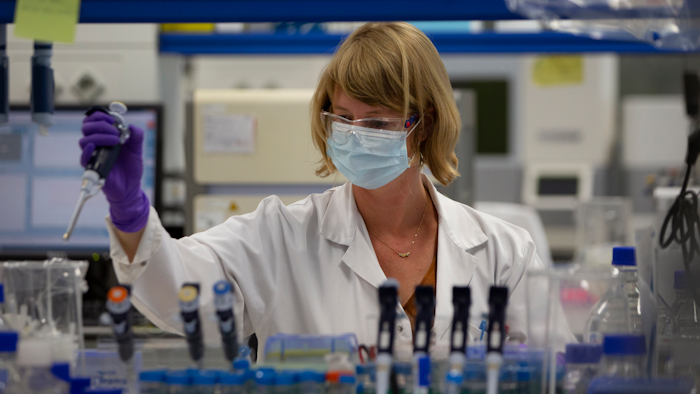 A lab technician at Johnson & Johnson subsidiary Janssen Pharmaceutical in Beerse, Belgium, June 17, 2020.