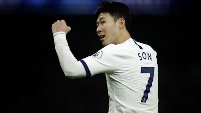 Tottenham Hotspur's Son Heung-min celebrates a goal against Norwich City in London, Jan. 22, 2020.