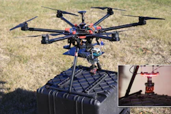 A UAS outfitted with both a marker strobe (inset) and a traditional survey prism used to evaluate the accuracy of the motion-capture system.