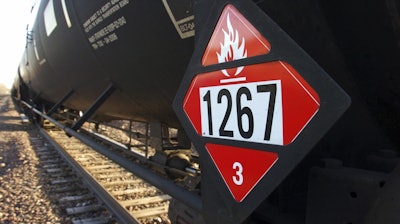 Warning placard on a tank car carrying crude oil in Trenton, N.D., Nov. 6, 2013.