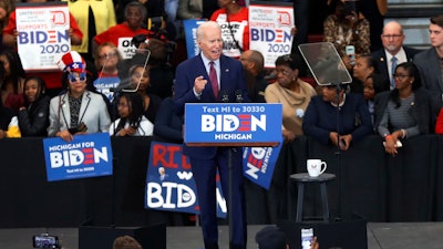 Former Vice President Joe Biden during a campaign rally at Renaissance High School in Detroit, March 9, 2020.