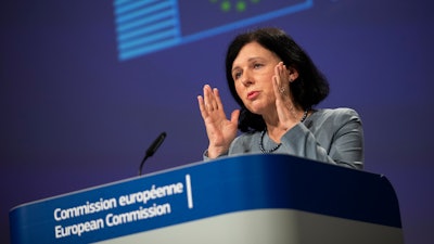 European Commissioner for Values and Transparency Vera Jourova addresses an online press conference at EU headquarters in Brussels, June 10, 2020.