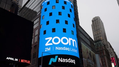 A sign for Zoom Video Communications in New York, April 18, 2019.