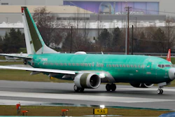 A Boeing 737 Max being built for Norwegian Air International taxis for a test flight.