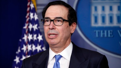 In this April 21, 2020, file photo Treasury Secretary Steven Mnuchin speaks about the coronavirus in the James Brady Press Briefing Room of the White House in Washington.