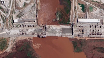 Satellite image of the Grand Ethiopian Renaissance Dam on the Blue Nile river in the Benishangul-Gumuz region of Ethiopia, May 28, 2020.