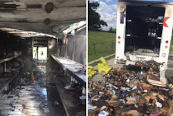The damage resulting from a lithium-ion battery fire in a FedEx truck is show in these photos taken June, 2, 2016. Left: The fire damage to the FedEx truck and its contents. Right: The contents of the truck were removed by firefighters following the fire. Photos courtesy of FedEx.