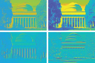 A new MIT-fabricated “brain-on-a-chip” reprocessed an image of MIT’s Killian Court, including sharpening and blurring the image, more reliably than existing neuromorphic designs.