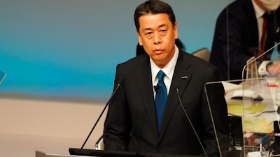 In this photo released by Nissan Motor Co., Nissan Chief Executive Makoto Uchida speaks during a shareholders meeting in Yokohama, near Tokyo, Monday, June 29, 2020.