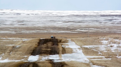 The proposed route of the Keystone XL oil pipeline where it crosses into the U.S. from Canada in Phillips County, Mont., March 11, 2020.