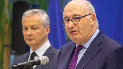 European Trade Commissioner Phil Hogan, right, and French Finance Minister Bruno Le Maire after a meeting in Paris, Jan. 7, 2020.