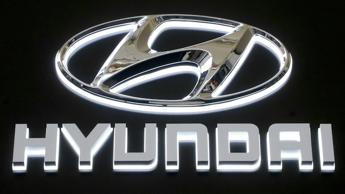 Hyundai logo on a sign at the Pittsburgh International Auto Show, Feb. 14, 2019.