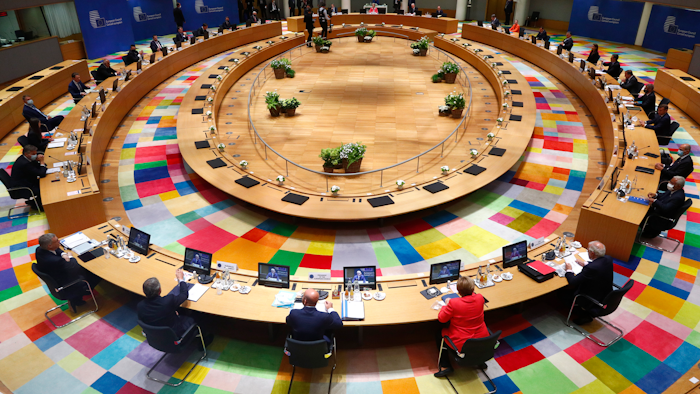 European Union leaders during a roundtable meeting in Brussels, July 17, 2020.