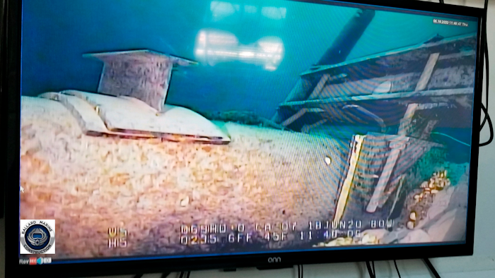 This June 2020 file photo, shot from a television screen, shows damage to anchor support EP-17-1 on the east leg of the Enbridge Line 5 pipeline within the Straits of Mackinac in Michigan.