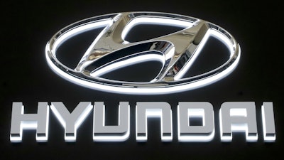 Hyundai logo on a sign at the Pittsburgh International Auto Show, Feb. 14, 2019.