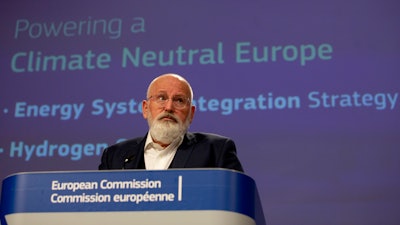 European Commissioner for European Green Deal Frans Timmermans speaks during a media conference at EU headquarters in Brussels, July 8, 2020.