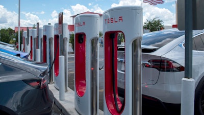 Tesla Supercharger station, Jacksonville, Fla., June 23, 2020.