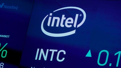 The symbol for Intel appears on a screen at the Nasdaq MarketSite in New York, Oct. 1, 2019.