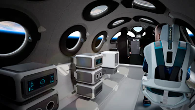 The interior of Virgin Galactic's SpaceshipTwo Cabin during a flight.