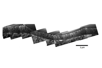 The material (thick gray line in the center of the image) derived from e-waste remained intact when indented, and increased the hardness of the steel below it.