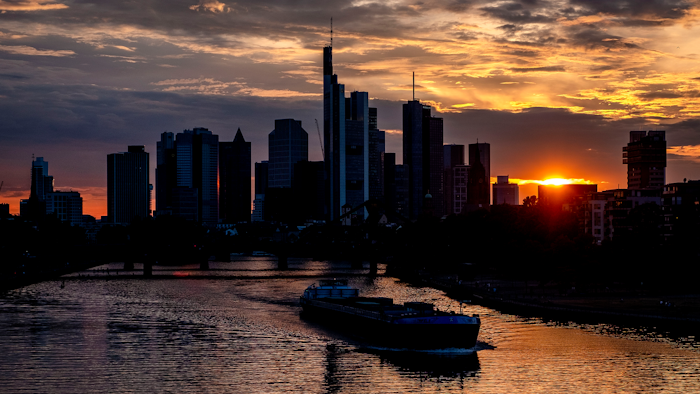 A cargo vessel on the river Main in Frankfurt, Germany, Aug. 14, 2020.